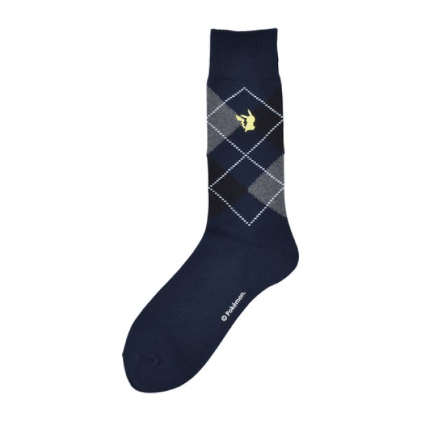 Photo1: Pokemon Center 2019 Socks for Men 25 - 27 cm 1 Pair Crew socks Argyle Pikachu Navy (1)